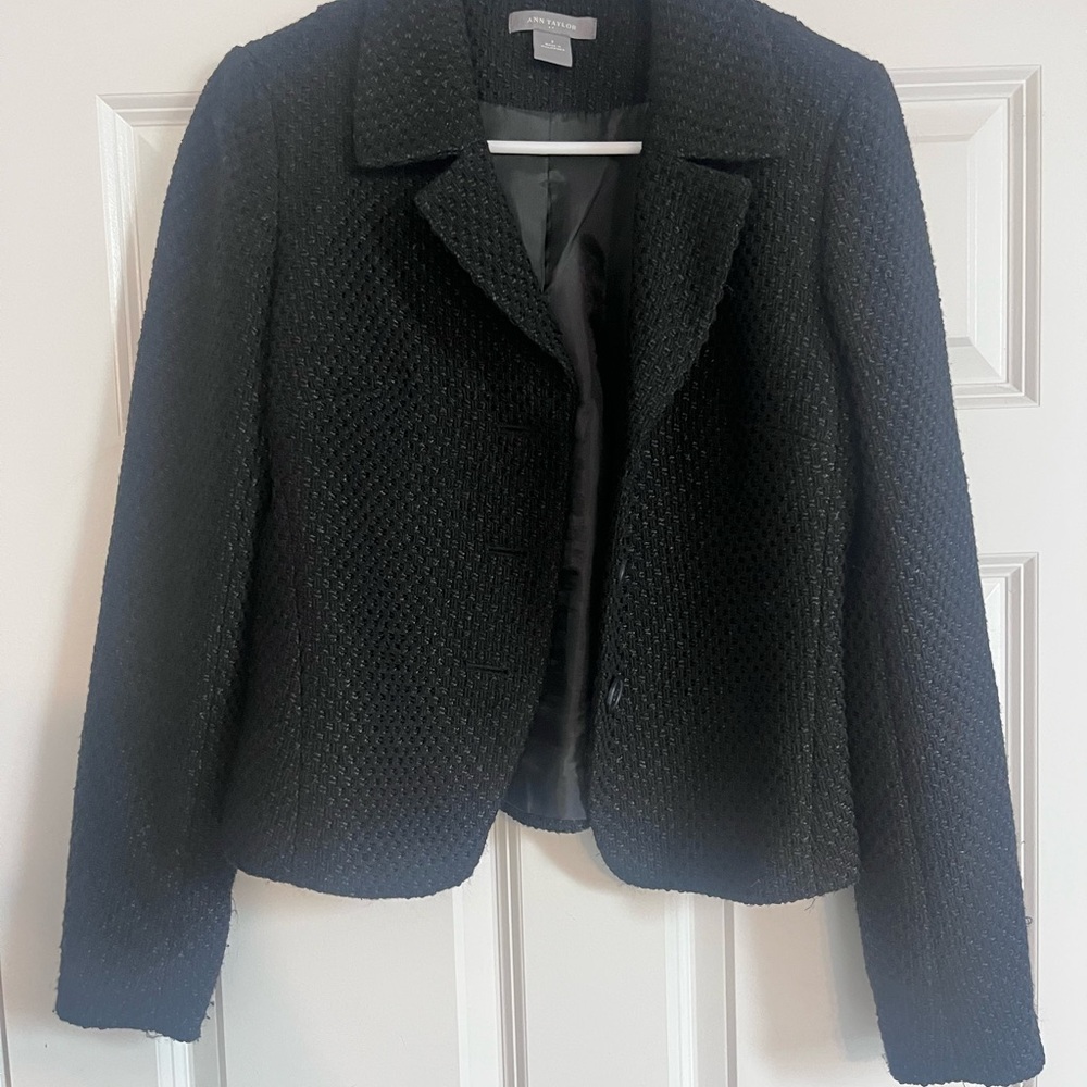 Ann Taylor Short Fitted Blazer Jacket-Black Tweed-Wool Blend 2